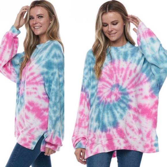 None Tops - Tie dye mock neck oversized sweatshirt with kangaroo pocket S M
